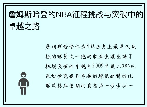 詹姆斯哈登的NBA征程挑战与突破中的卓越之路 詹姆斯哈登的NBA征程挑战与突破中的卓越之路