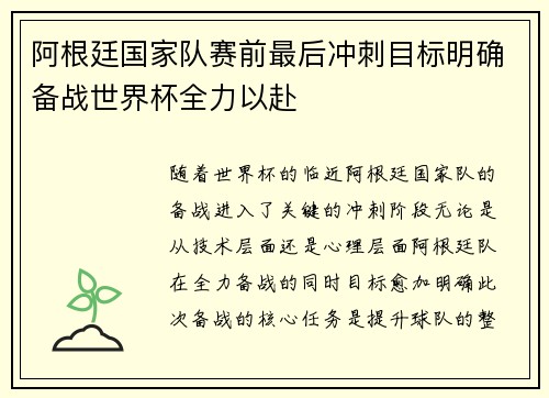 阿根廷国家队赛前最后冲刺目标明确备战世界杯全力以赴