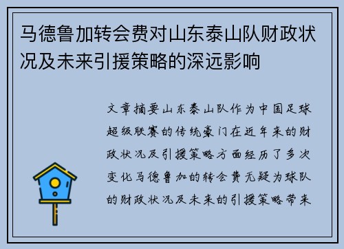 马德鲁加转会费对山东泰山队财政状况及未来引援策略的深远影响