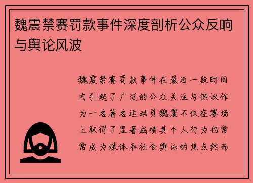 魏震禁赛罚款事件深度剖析公众反响与舆论风波